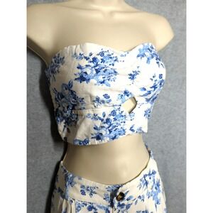 Vtg Y2K Pant Top Set L Bare Midriff Blue/White Floral Country Kitten Sexy Praire